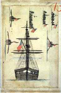 アメリカ国旗を掲げた船の絵（正面図）