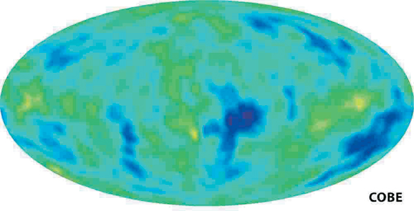 COBE衛星の描いた宇宙開闢から３０−４０万年しかたっていない宇宙の姿。